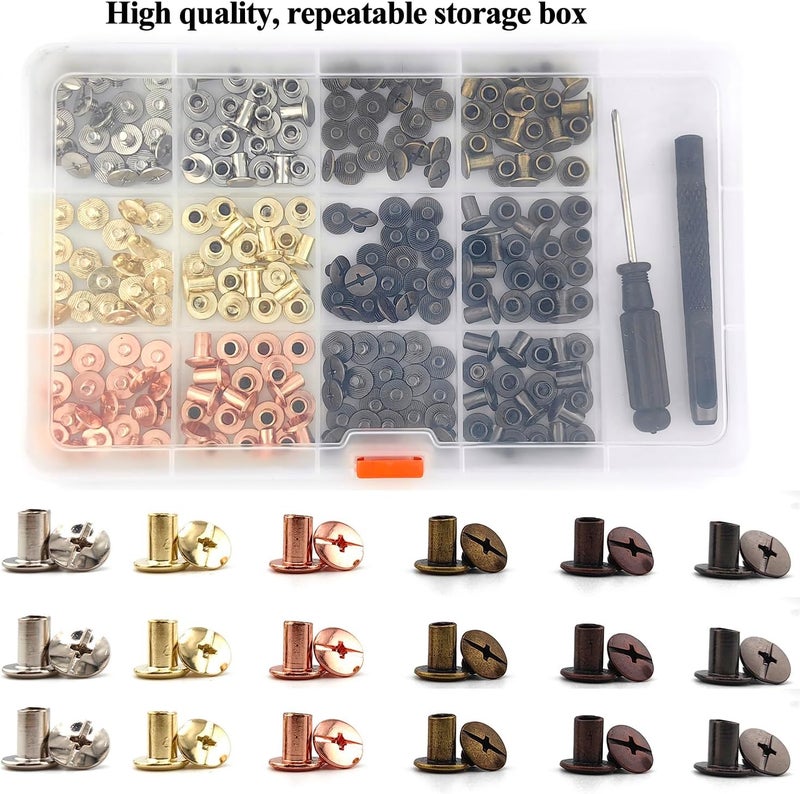 ALLOYPRO 120 Sets Chicago Screws with Hole Puncher and Screwdriver Assorted Kit 6 Color Leather Rivets Screw Flat Fillister Book Binding Posts Nail Rivet Chicago Bolts for DIY Leather Craft (5×8mm) - Image 4